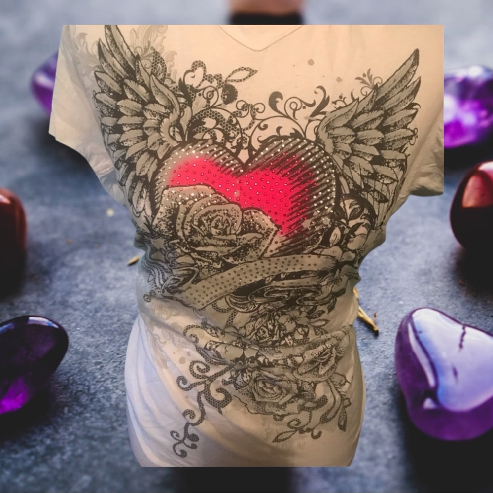 Bling pink and white gem heart ❤️ tee 2x new